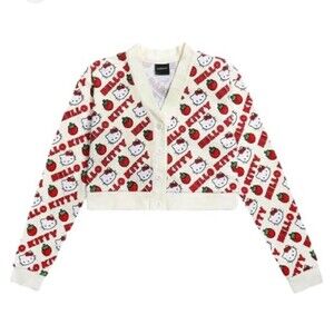 Dumbgood Sanrio Hello Kitty Strawberries Waffle Knit Cropped Cream Cardigan L
